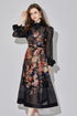 Breathtaking Beauty Runway Fashion Silk Floral Print, Exquisite Lace Neck, Long Sleeve, A-Line Cocktail, Party, Prom, Festival, Wedding Guest Renaissance Dress (Black)